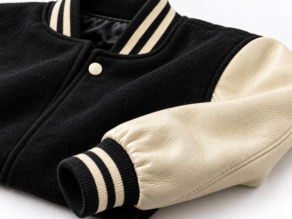 Close-up of wool, genuine leather, white snaps and rib-knit trim