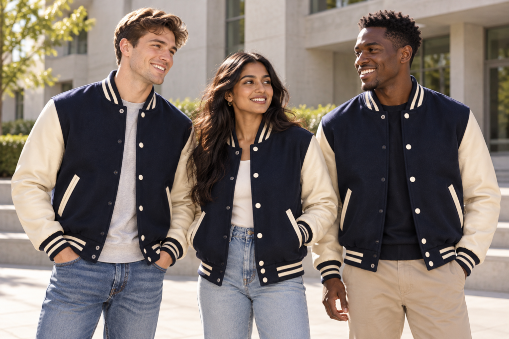 Three adults wearing coordinated navy and natural varsity jackets