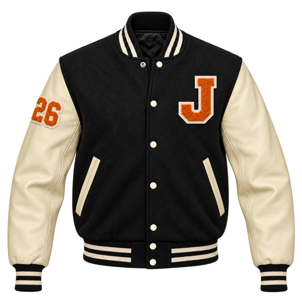 Black wool and natural leather varsity jacket with an orange J patch and white snaps