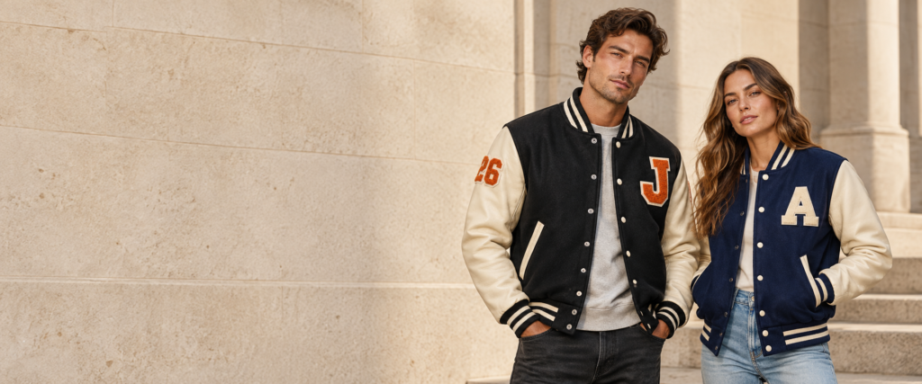 Man wearing a black and natural varsity jacket