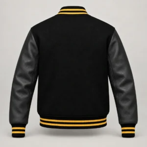 Black Wool and Black Leather Varsity Jacket – Gold Trim, back view