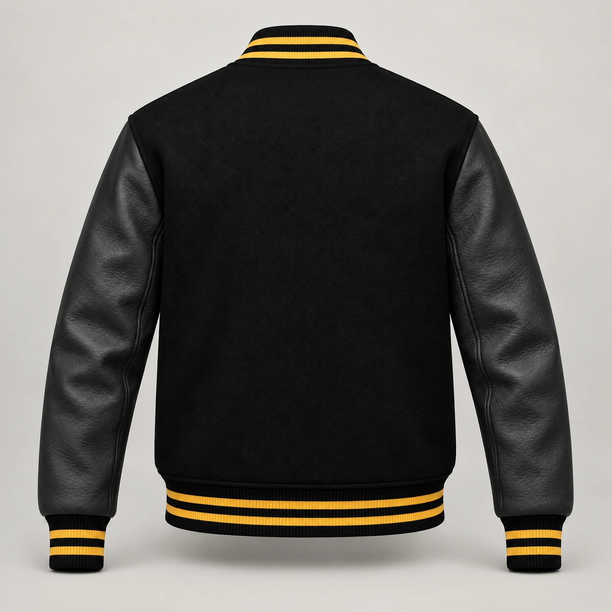 Black Wool and Black Leather Varsity Jacket – Gold Trim, back view