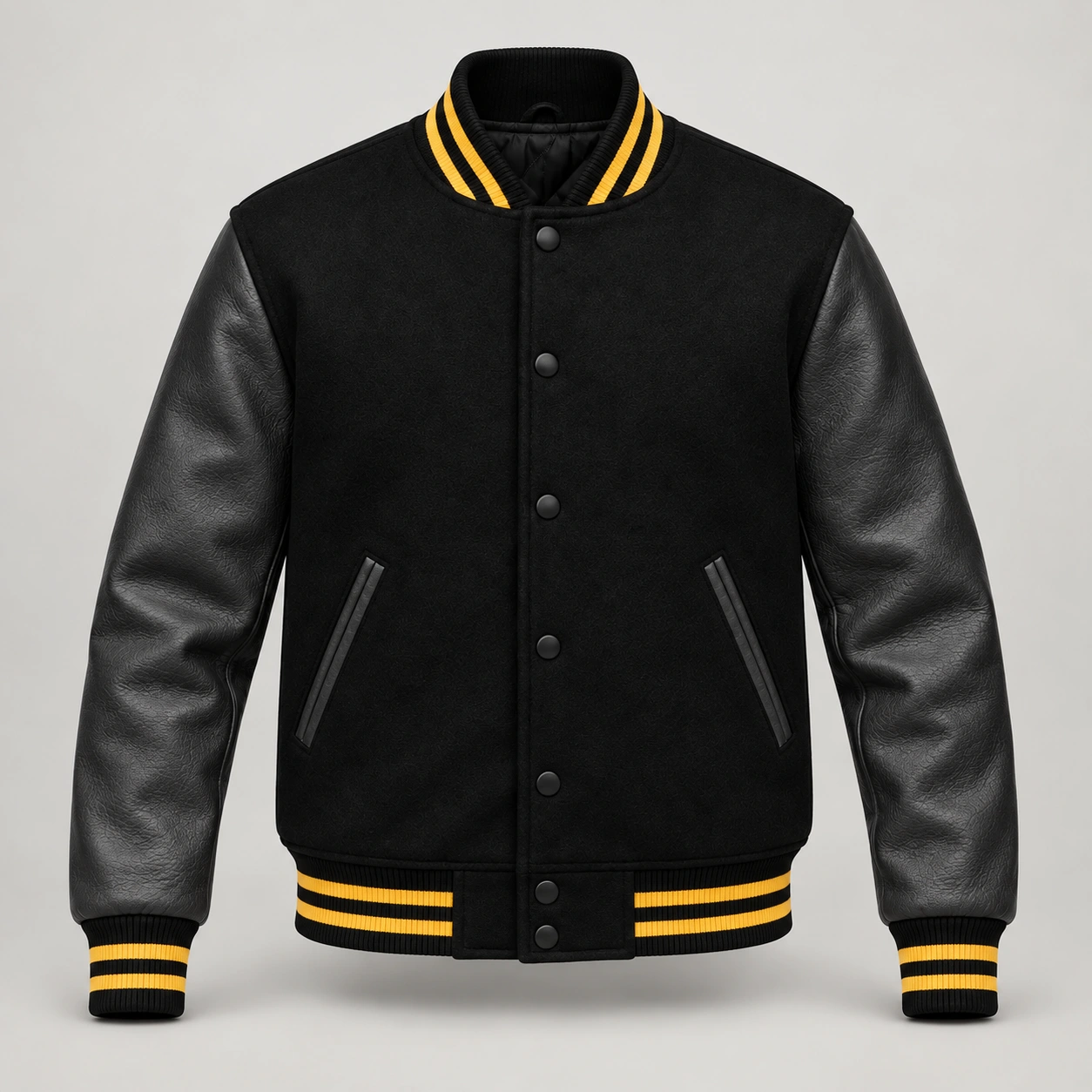 Black Wool and Black Leather Varsity Jacket – Gold Trim, front view