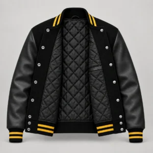 Black Wool and Black Leather Varsity Jacket – Gold Trim, open black quilted lining with one left interior pocket and steel snap backs