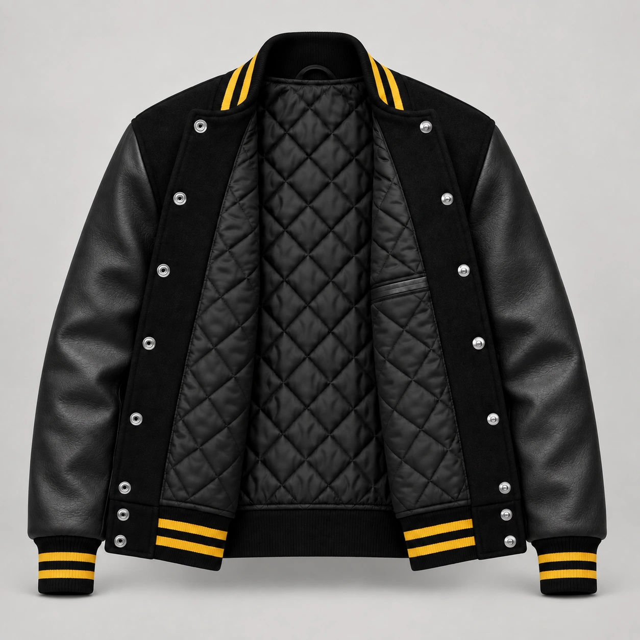 Black Wool and Black Leather Varsity Jacket – Gold Trim, open black quilted lining with one left interior pocket and steel snap backs