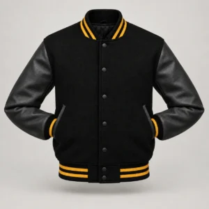 Black Wool and Black Leather Varsity Jacket – Gold Trim, front with sleeves tucked into outer pockets