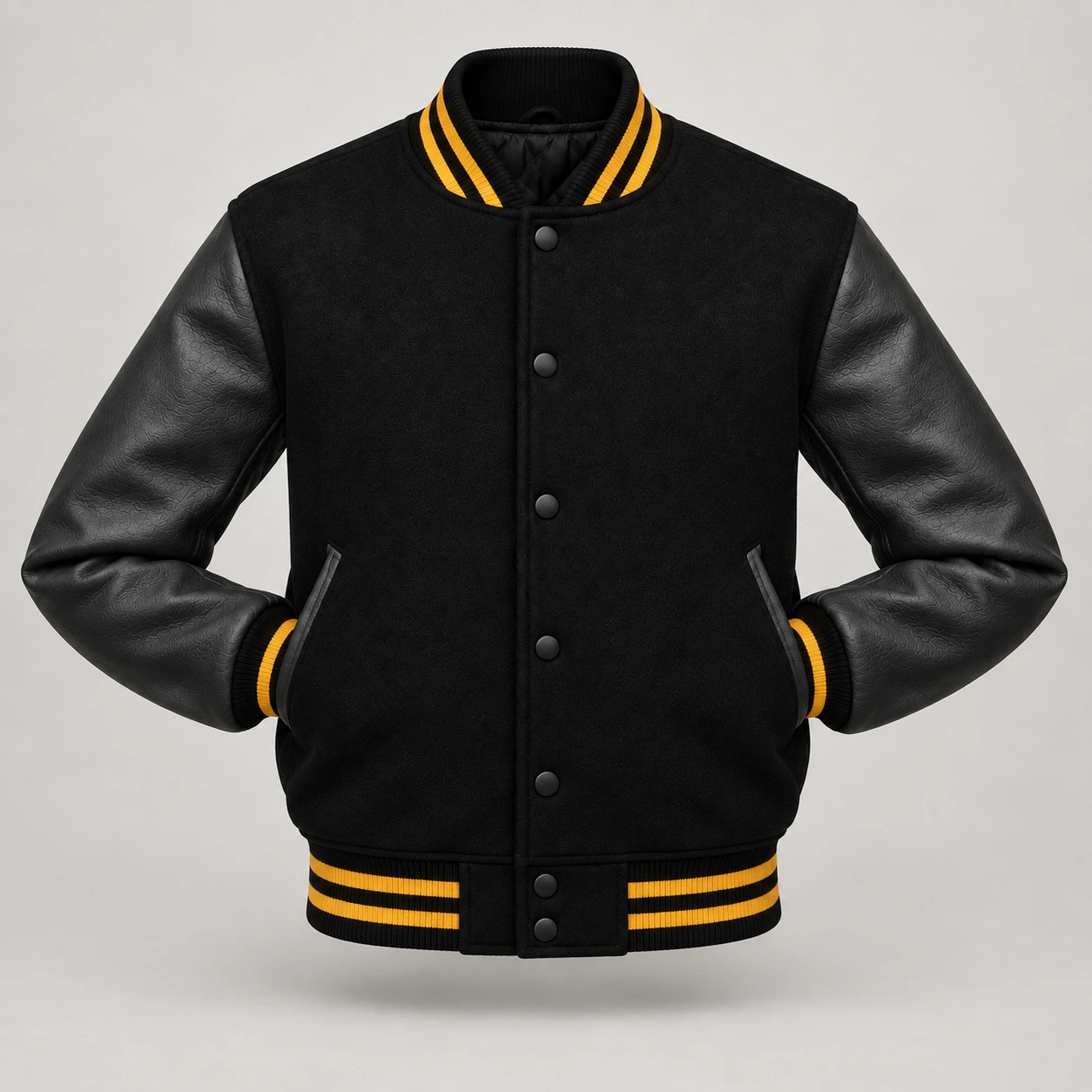 Black Wool and Black Leather Varsity Jacket – Gold Trim, front with sleeves tucked into outer pockets