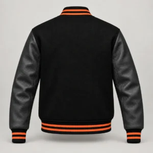 Black Wool and Black Leather Varsity Jacket – Orange Trim, back view