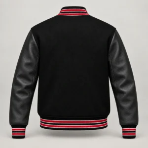 Black Wool and Black Leather Varsity Jacket – Red & White Trim, back view