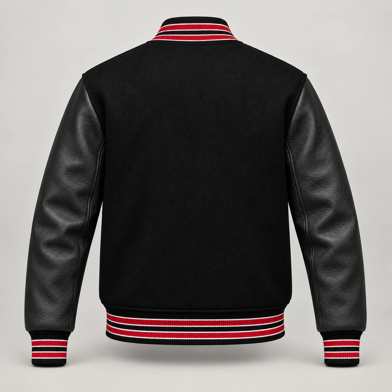 Black Wool and Black Leather Varsity Jacket – Red & White Trim, back view
