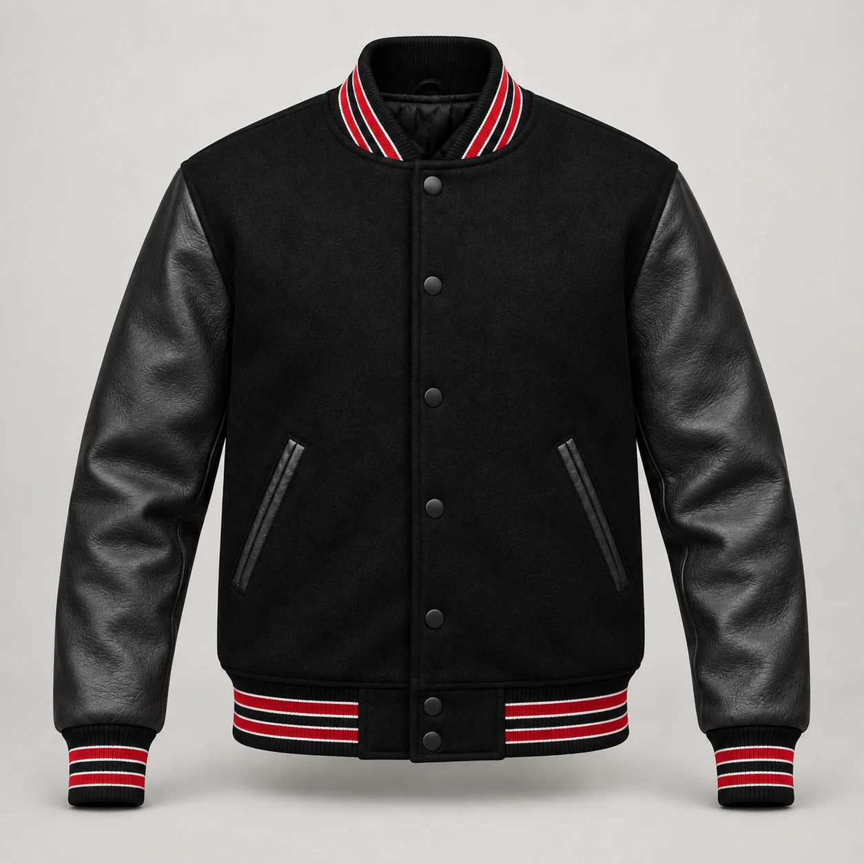 Black Wool and Black Leather Varsity Jacket – Red & White Trim, front view