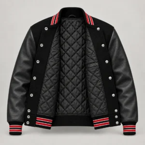 Black Wool and Black Leather Varsity Jacket – Red & White Trim, open black quilted lining with one left interior pocket and steel snap backs