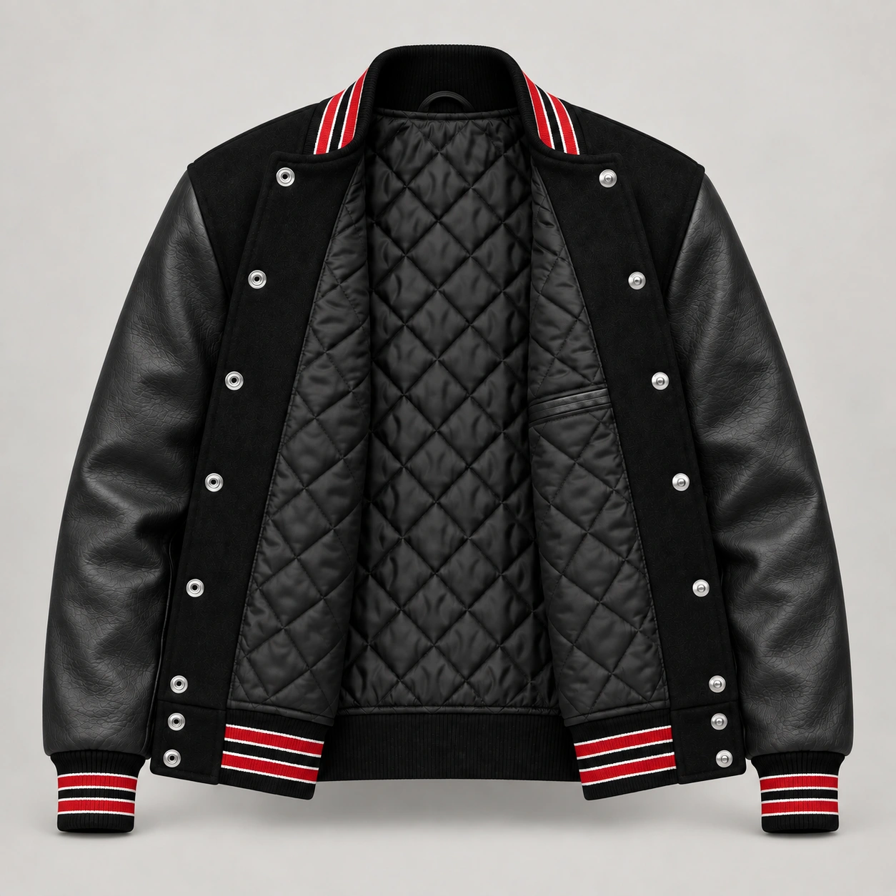 Black Wool and Black Leather Varsity Jacket – Red & White Trim, open black quilted lining with one left interior pocket and steel snap backs