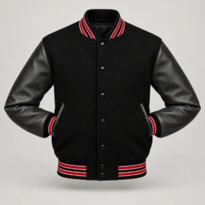 Black Wool and Black Leather Varsity Jacket – Red & White Trim, front with sleeves tucked into outer pockets