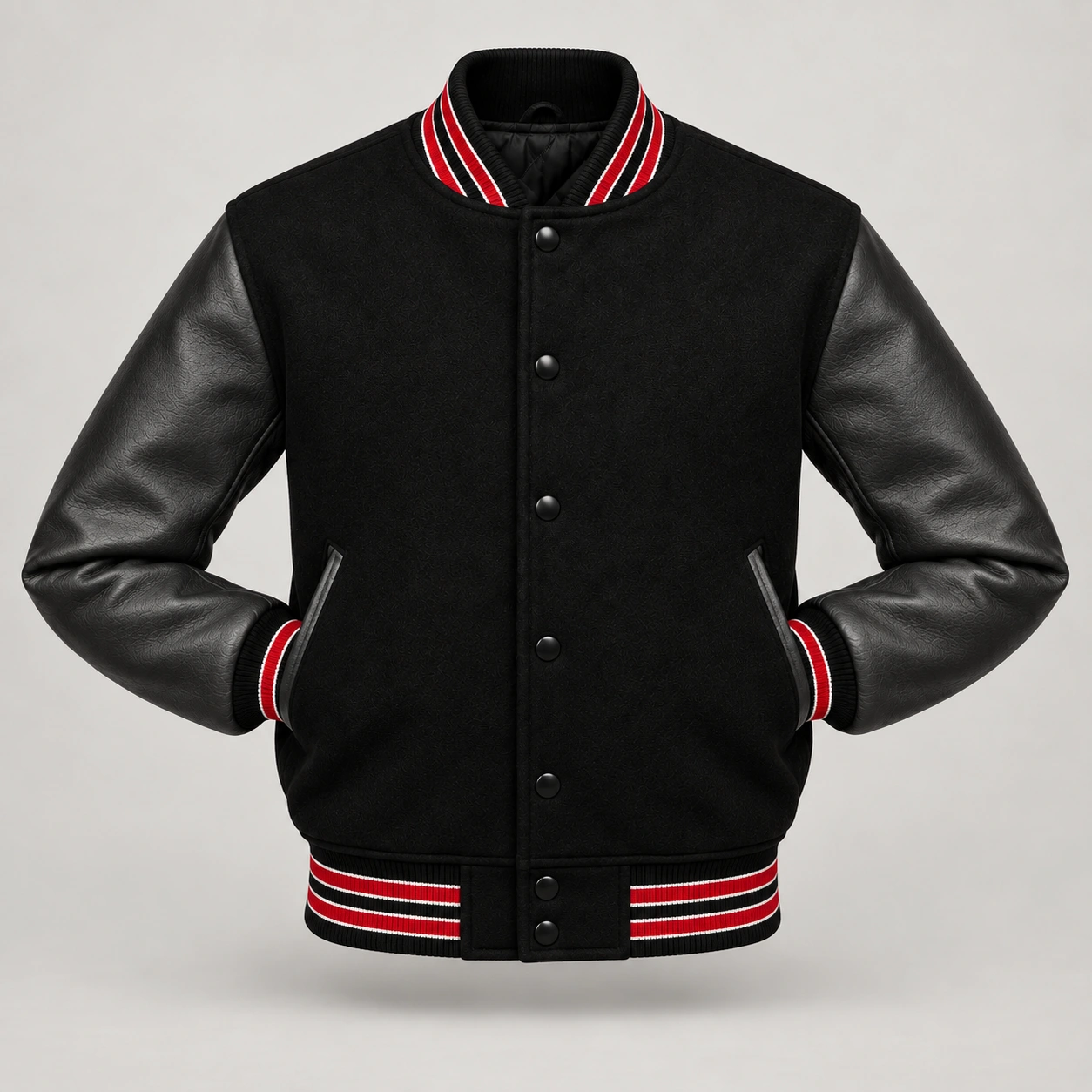 Black Wool and Black Leather Varsity Jacket – Red & White Trim, front with sleeves tucked into outer pockets
