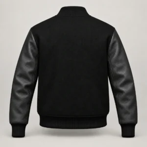 Black Wool and Black Leather Varsity Jacket – Solid Black Trim, back view
