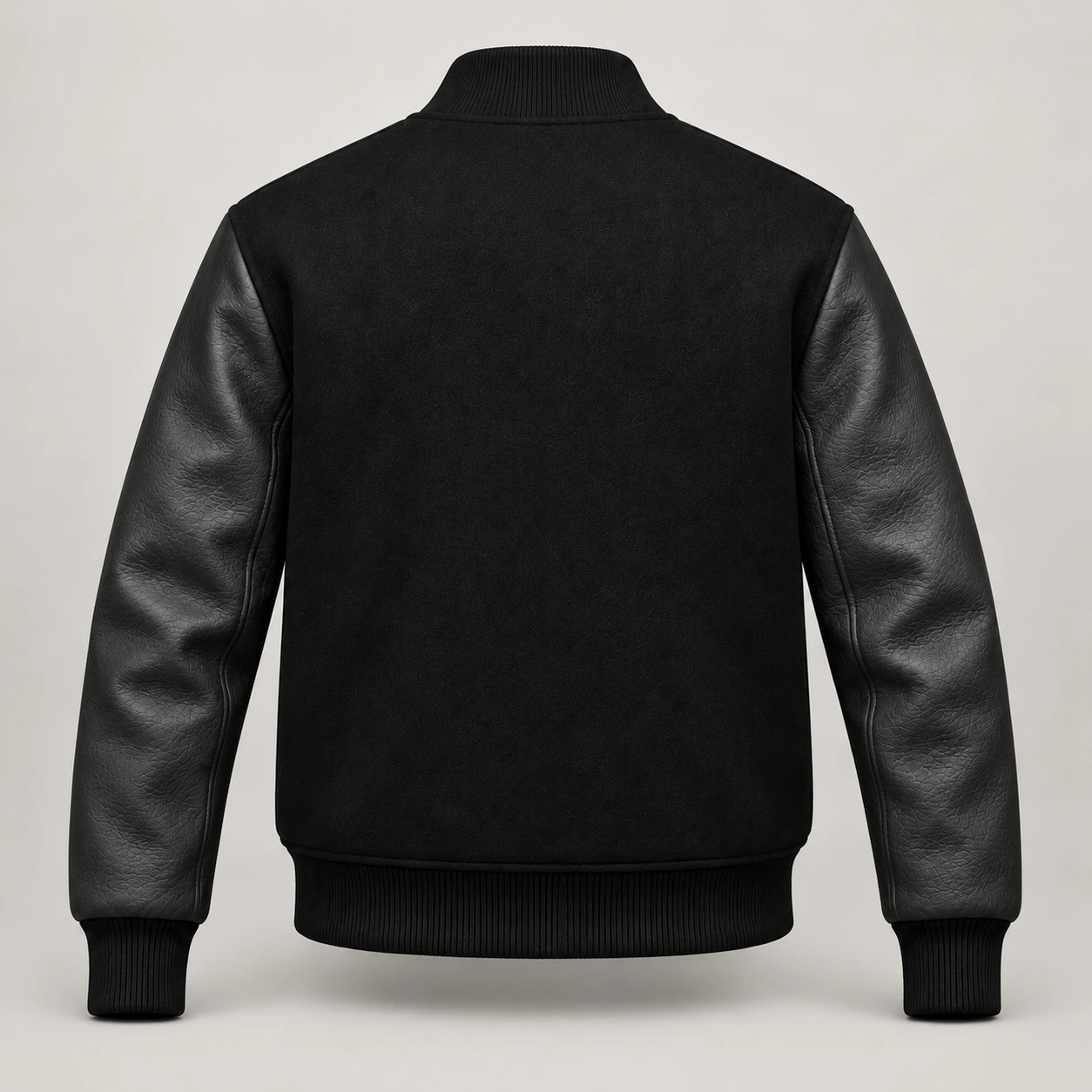 Black Wool and Black Leather Varsity Jacket – Solid Black Trim, back view