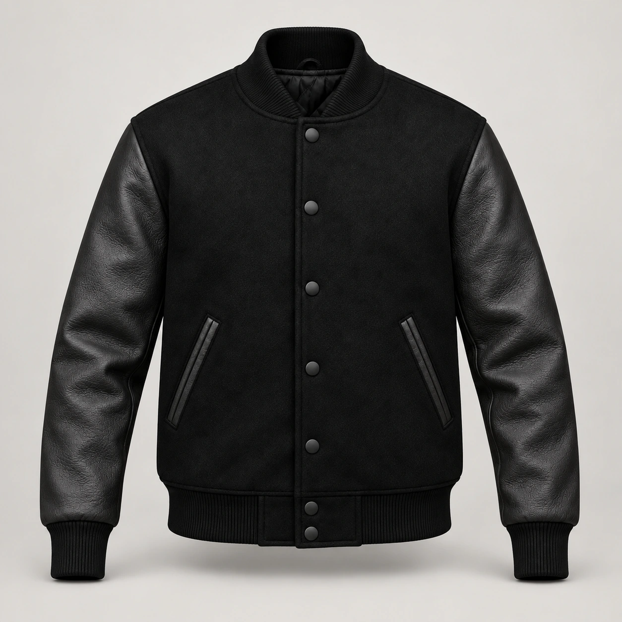 Black Wool and Black Leather Varsity Jacket – Solid Black Trim, front view
