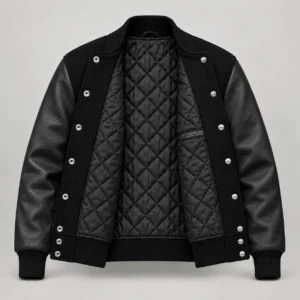Black Wool and Black Leather Varsity Jacket – Solid Black Trim, open black quilted lining with one left interior pocket and steel snap backs