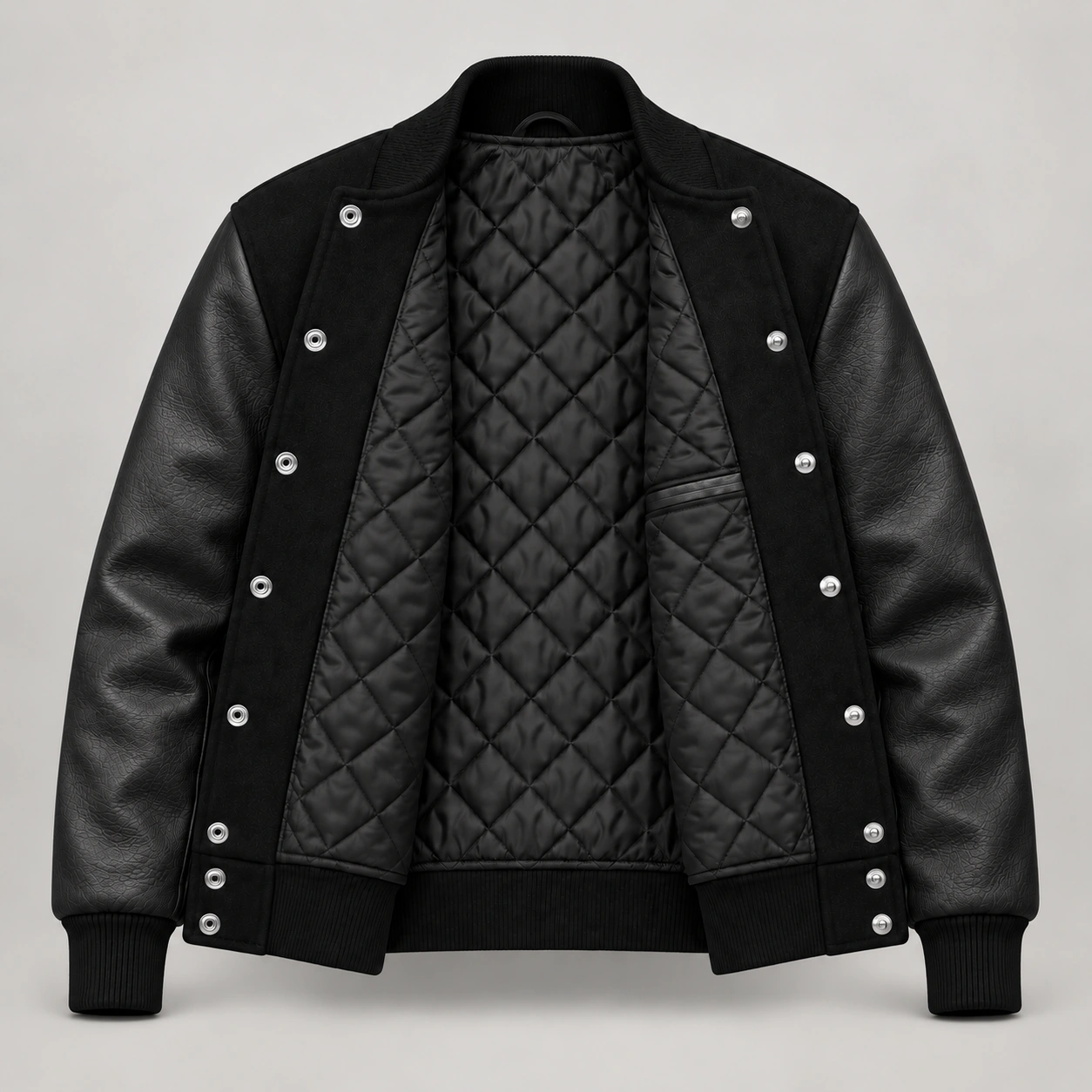 Black Wool and Black Leather Varsity Jacket – Solid Black Trim, open black quilted lining with one left interior pocket and steel snap backs
