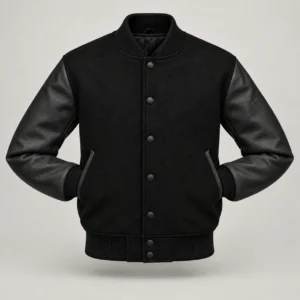 Black Wool and Black Leather Varsity Jacket – Solid Black Trim, front with sleeves tucked into outer pockets