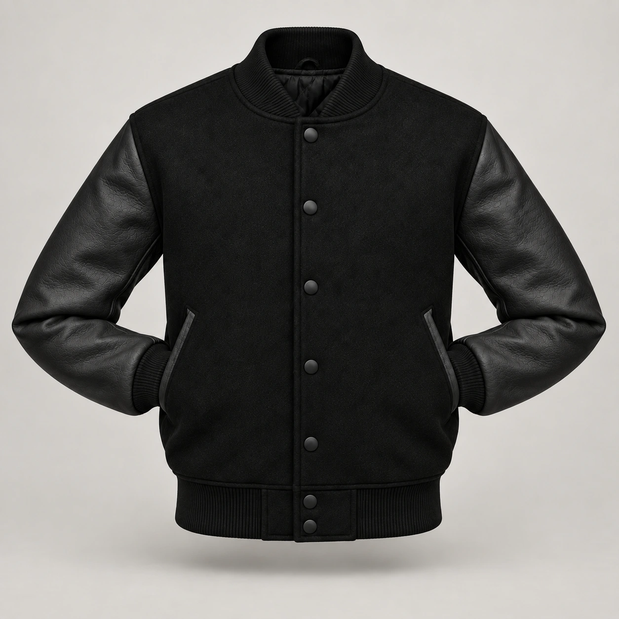 Black Wool and Black Leather Varsity Jacket – Solid Black Trim, front with sleeves tucked into outer pockets