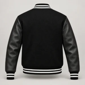 Black Wool and Black Leather Varsity Jacket – White Trim, back view