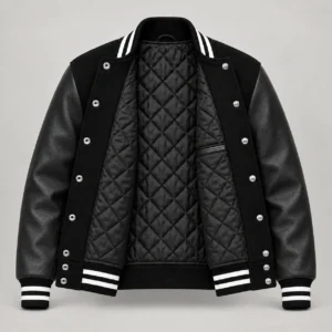 Black Wool and Black Leather Varsity Jacket – White Trim, open black quilted lining with one left interior pocket and steel snap backs