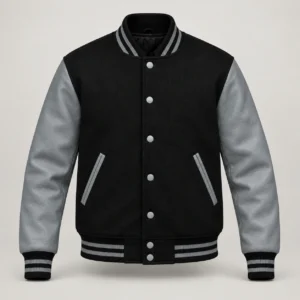 Black Wool and Grey Leather Varsity Jacket, front view