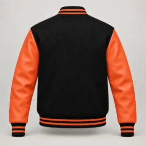 Black Wool and Orange Leather Varsity Jacket, back view
