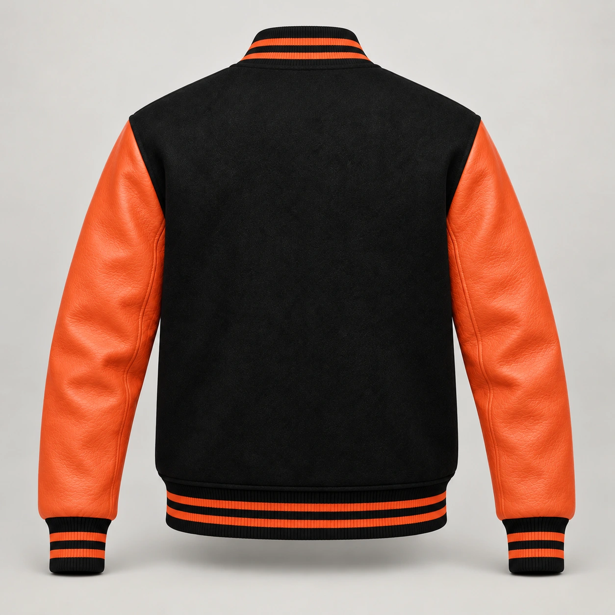 Black Wool and Orange Leather Varsity Jacket, back view