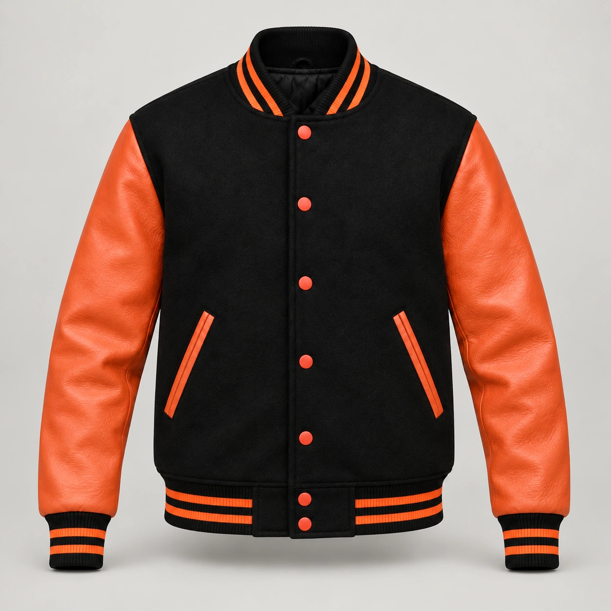 Black Wool and Orange Leather Varsity Jacket, front view