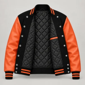 Black Wool and Orange Leather Varsity Jacket, open black quilted lining with one left interior pocket and steel snap backs