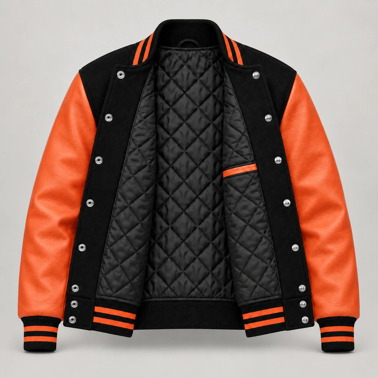 Black Wool and Orange Leather Varsity Jacket, open black quilted lining with one left interior pocket and steel snap backs