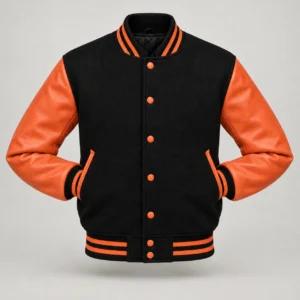 Black Wool and Orange Leather Varsity Jacket, front with sleeves tucked into outer pockets