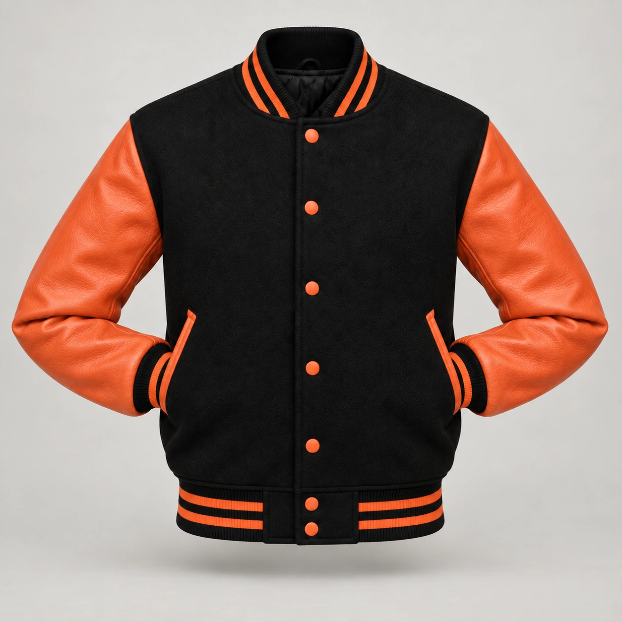 Black Wool and Orange Leather Varsity Jacket, front with sleeves tucked into outer pockets