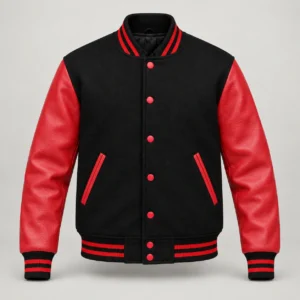 Black Wool and Red Leather Varsity Jacket, front view