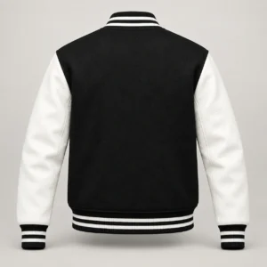 Back view of black wool and white leather varsity jacket
