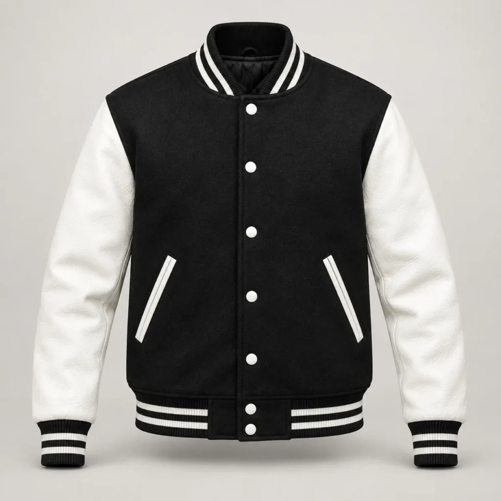 Black wool varsity jacket with white leather sleeves, front view