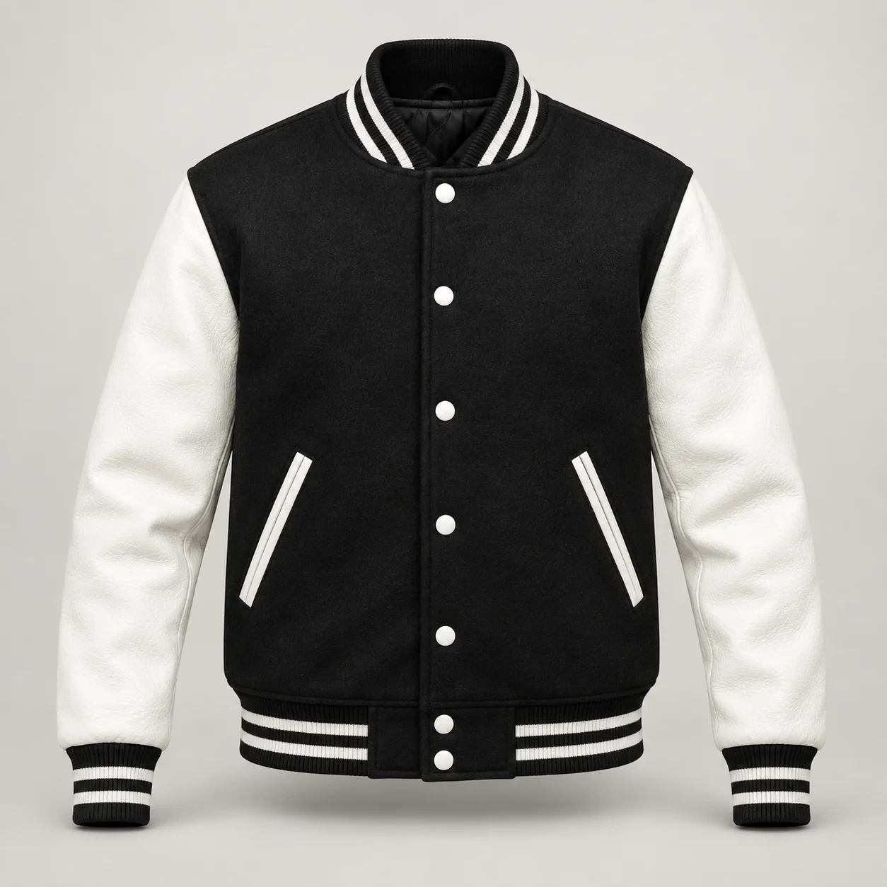 Front view of black wool and white leather varsity jacket
