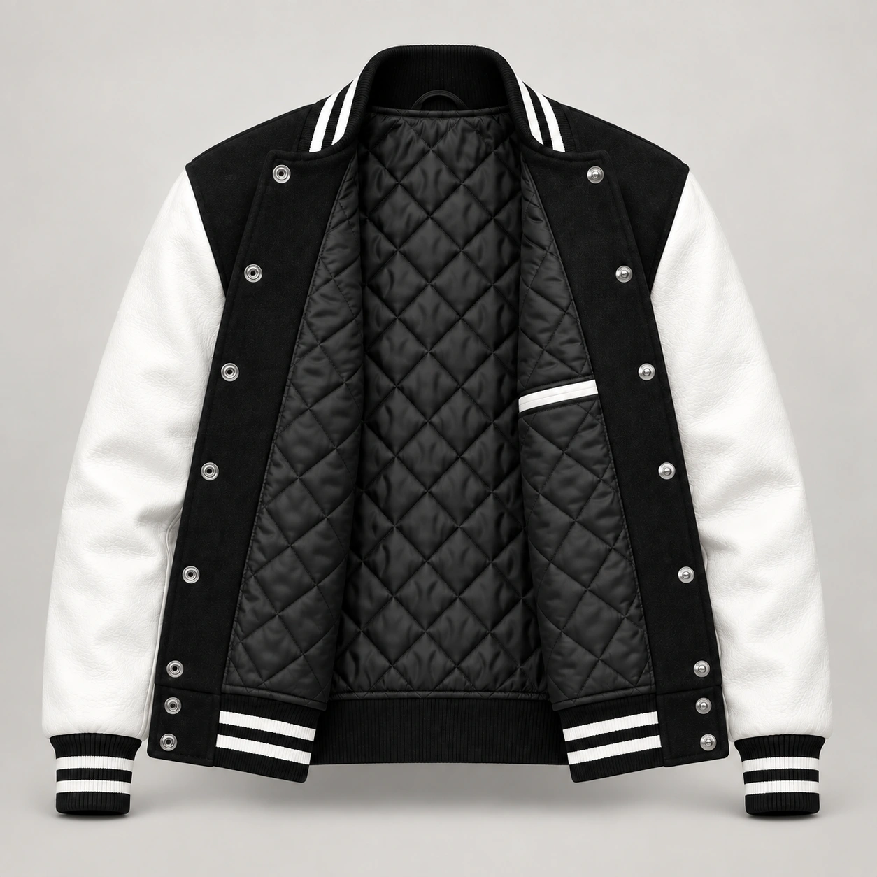 Black wool and white leather varsity jacket showing black quilted lining, left inside pocket and steel snap backs