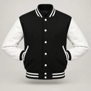 Black wool and white leather varsity jacket with sleeves tucked into outer pockets