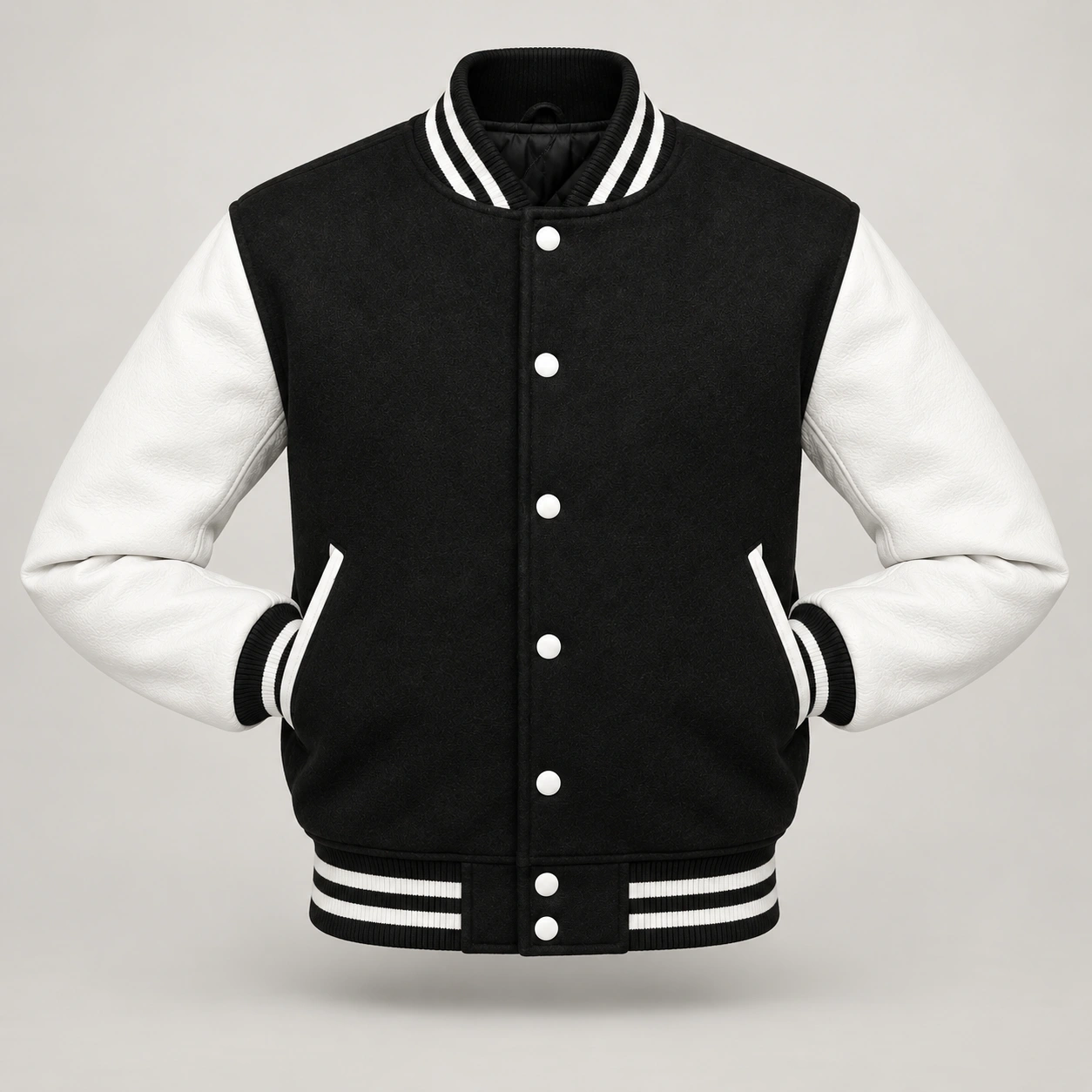 Black wool and white leather varsity jacket with sleeves tucked into outer pockets