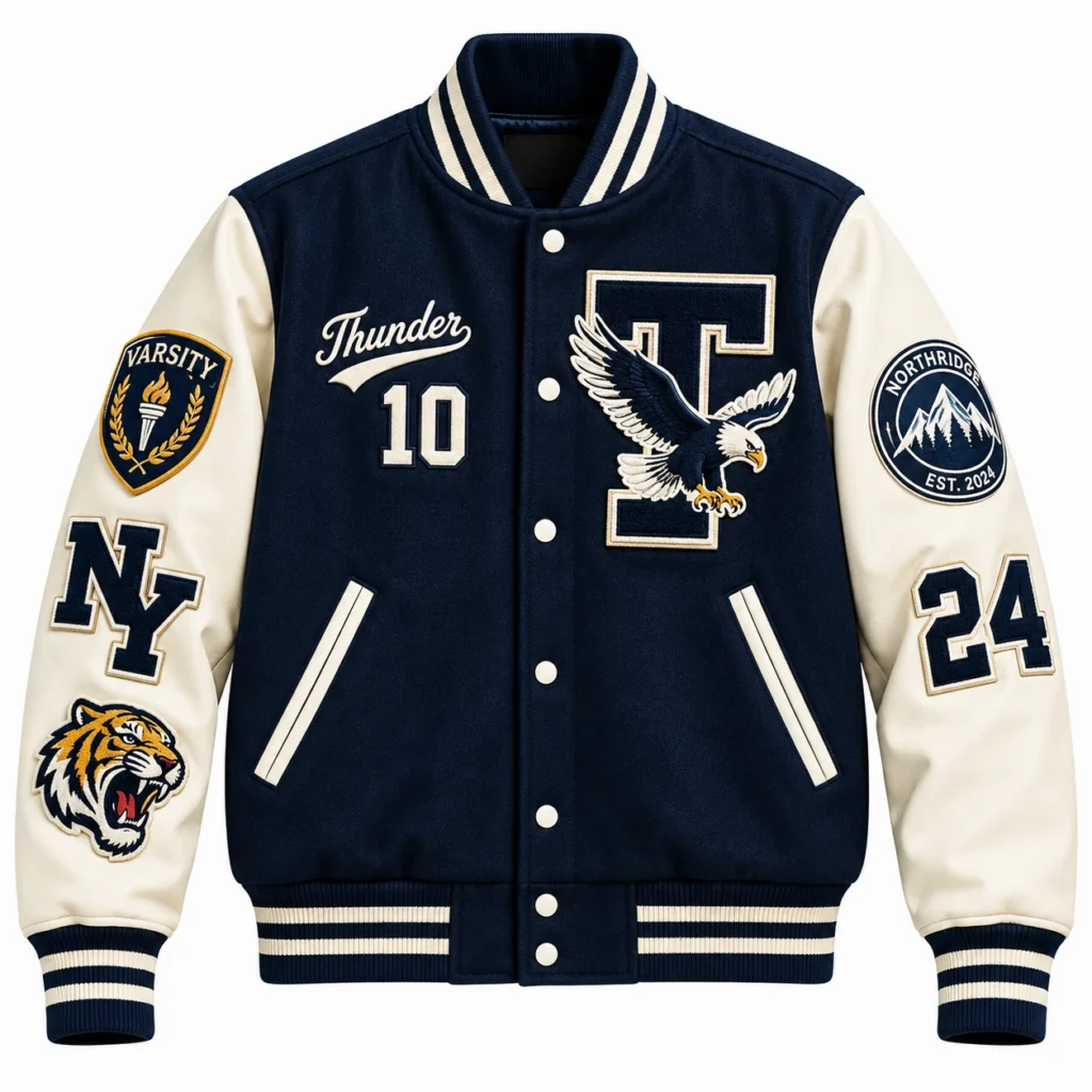 Custom navy and cream varsity jacket with personalized lettering and patches