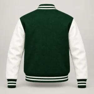 Forest Green Wool and White Leather Varsity Jacket, back view