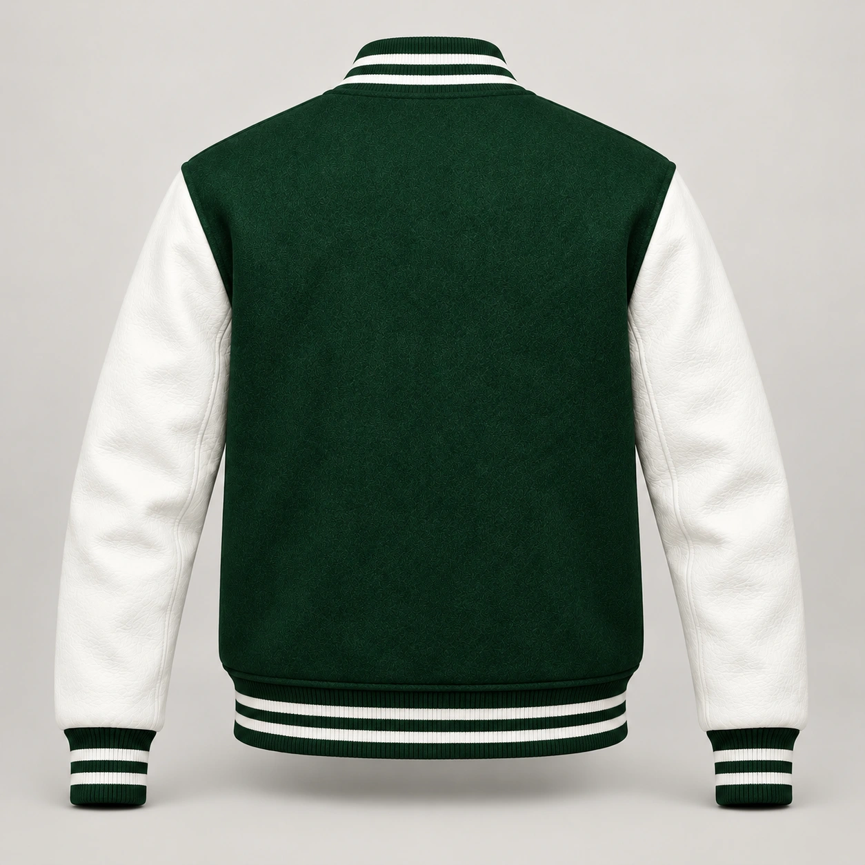 Forest Green Wool and White Leather Varsity Jacket, back view