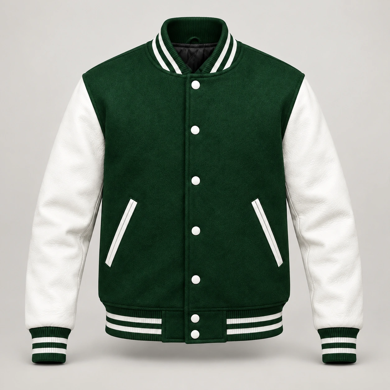 Forest Green Wool and White Leather Varsity Jacket, front view