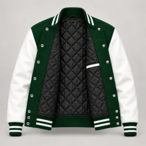 Forest Green Wool and White Leather Varsity Jacket, open black quilted lining with one left interior pocket and steel snap backs