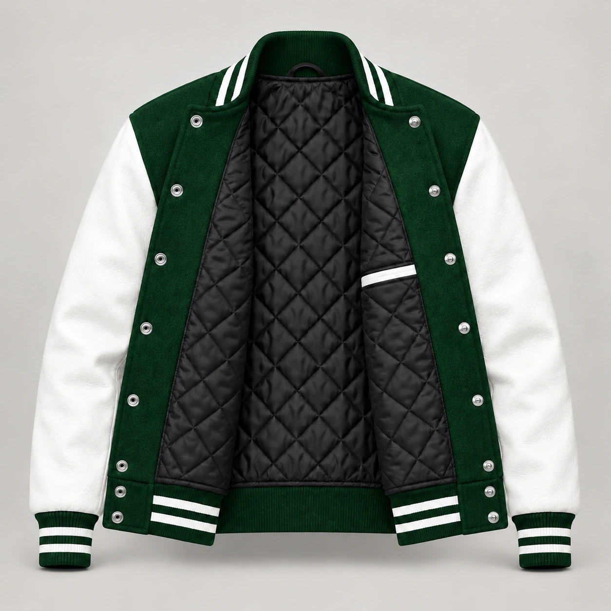 Forest Green Wool and White Leather Varsity Jacket, open black quilted lining with one left interior pocket and steel snap backs