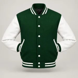 Forest Green Wool and White Leather Varsity Jacket, front with sleeves tucked into outer pockets